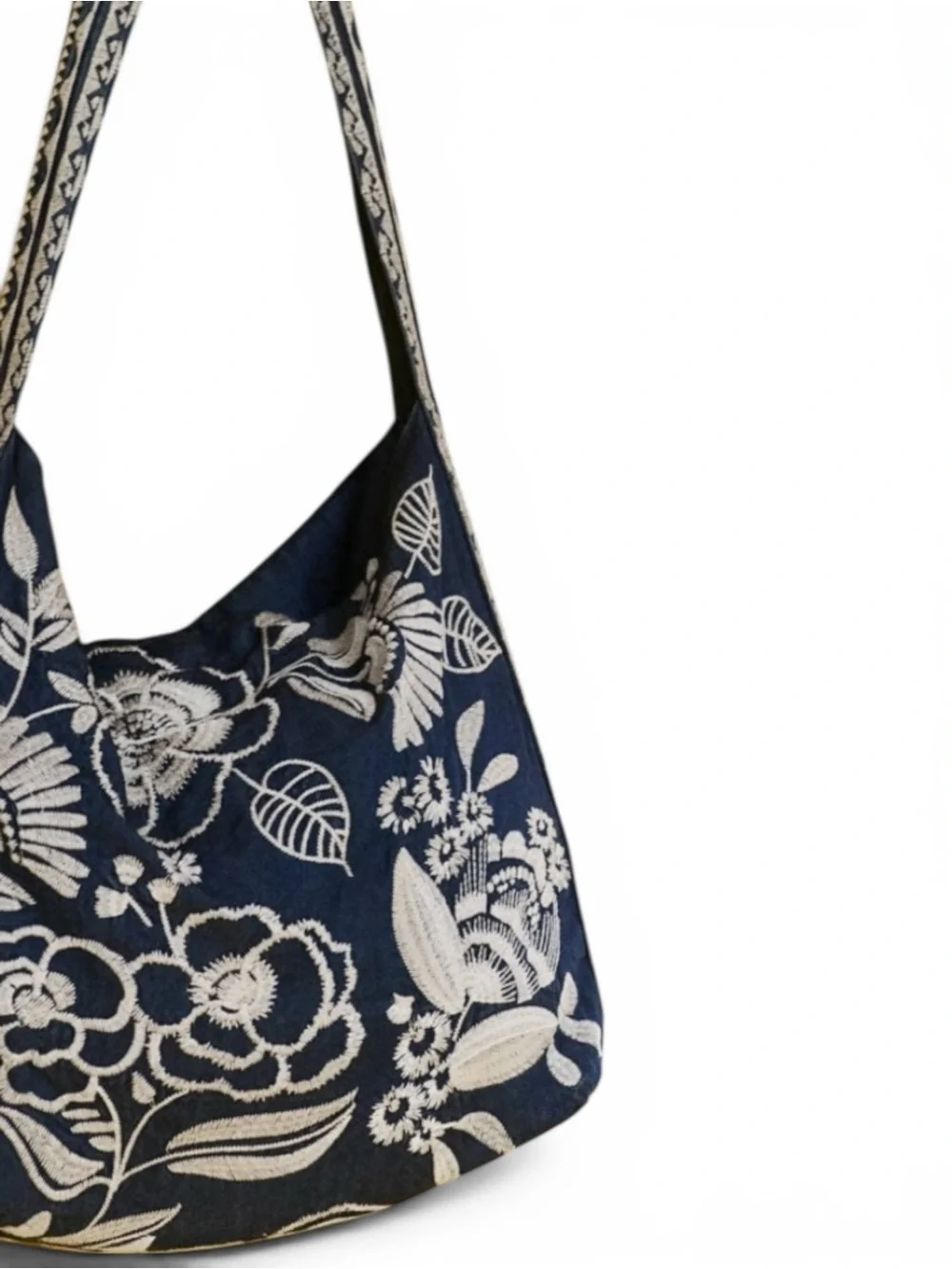 NWT Johnny Was Denim Embroidered Lucinda Wide Strap Slouchy Hobo Tote Bag $268
